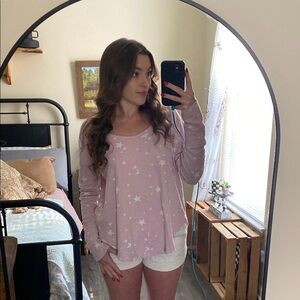 Lucky Brand Blush Pink White Stars Long Sleeve Wide Neck Textured Tee - Womens L